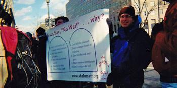 "Jews say no to war" Shalom Ctr banner w/ !0 Commandments theme,, anti-Iraq War demo early 2003