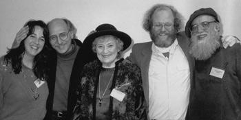 Peter Yarrow, Bella Abzug, & "Ice-Cream" Ben Cohen being honored by Shalom Ctr;:Viki Laura List & Reb Arthur on 2 ends of photo, presenting honor
