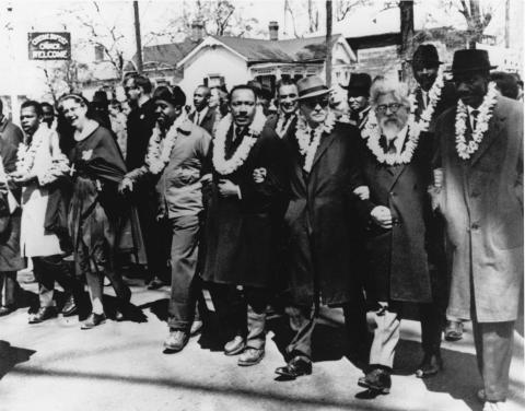 Heschel & King in the Selma-to-Montgomery March for voting rights and against racism, March 1965