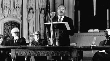 MLK speaking "Beyond Vietnam" to Clergy & Laity conncerned at Riverside Church, NYC 4/4/67. Rabbi A.J. Heschel is nearby