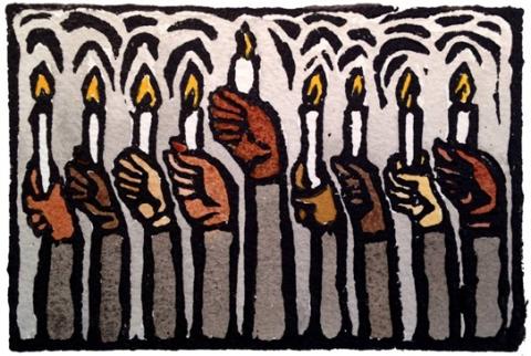 Multiracial Menorah by Zoe Cohen. See her work on ZoeCohen.com 