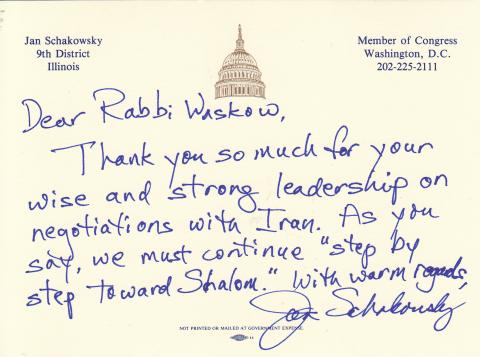 Letter on Iran from Congresswoman Schakowky to Rabbi Waskow 