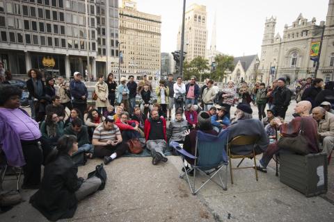 Crowd uniting action, Torah & prayer at Sukkah,"Occupy Philadelphia" Encampment