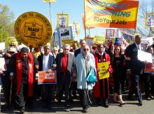 Reb Arthur on March front line with heads of NAACP, AFL-CIO, Greenpeace,Sierra Club,Moral Monday, Communication Workers of America,