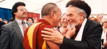 Reb Zalman w/ Dalai Lama, 1990, w/ Rebbitzen Eve Ilsen between them